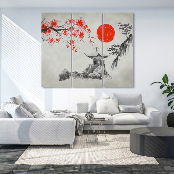 Japanese Canvas Wall Art, Modern Art Print, Asian Home Decor, Japan Sakura Canvas Print, Minimalist Sunset Wall Decor, Large Trendy Wall Art