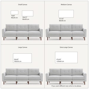 K&ouml;nnte beinhalten: Vier verschiedene Gr&ouml;&szlig;en von Leinwanddrucken werden mit einem Sofa vor jedem gezeigt. Die Gr&ouml;&szlig;en sind 16x8 Zoll (40x20 cm), 24x12 Zoll (60x30 cm), 31x16 Zoll (80x40 cm) und 47x24 Zoll (120x60 cm). Der Text "Wenn Sie eine andere Gr&ouml;&szlig;e w&uuml;nschen, schreiben Sie mir bitte." befindet sich am unteren Rand des Bildes.