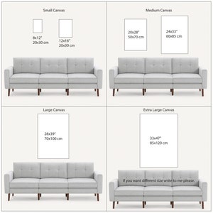 May include: A visual guide to canvas print sizes for a sofa. The sizes are listed in inches and centimetres. The sizes are: 8x12 inches (20x30 cm), 12x16 inches (20x30 cm), 20x28 inches (50x70 cm), 24x33 inches (60x85 cm), 28x39 inches (70x100 cm), and 33x47 inches (85x120 cm).