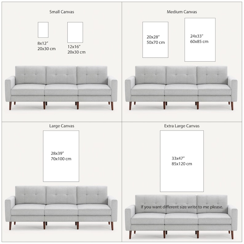 May include: A visual guide to canvas print sizes for a sofa. The sizes are listed in inches and centimetres. The sizes are: 8x12 inches (20x30 cm), 12x16 inches (20x30 cm), 20x28 inches (50x70 cm), 24x33 inches (60x85 cm), 28x39 inches (70x100 cm), and 33x47 inches (85x120 cm).
