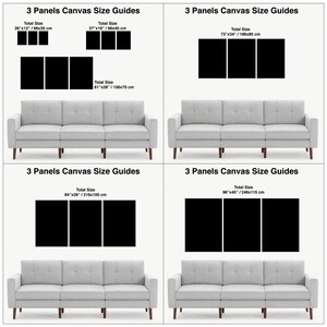 May include: A guide to canvas sizes for 3-panel wall art. The guide shows different total sizes in inches and centimeters, with a sofa in the background.