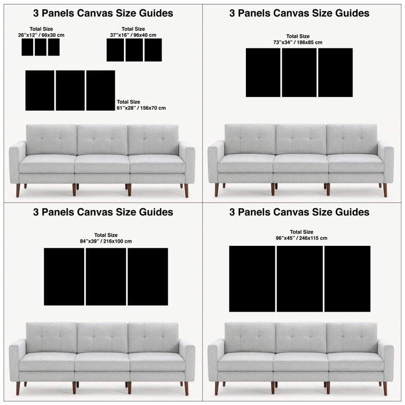 May include: A guide to canvas sizes for 3-panel wall art. The guide shows different total sizes in inches and centimeters, with a sofa in the background.