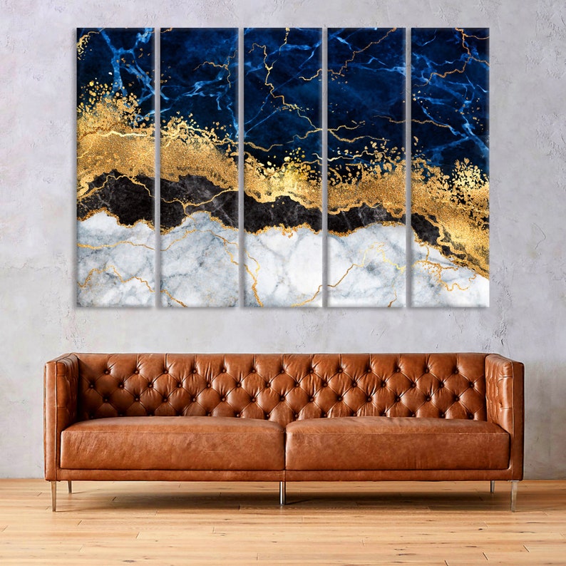 Blue Gold Marble Canvas Wall Art Abstract Wall Print Home Etsy