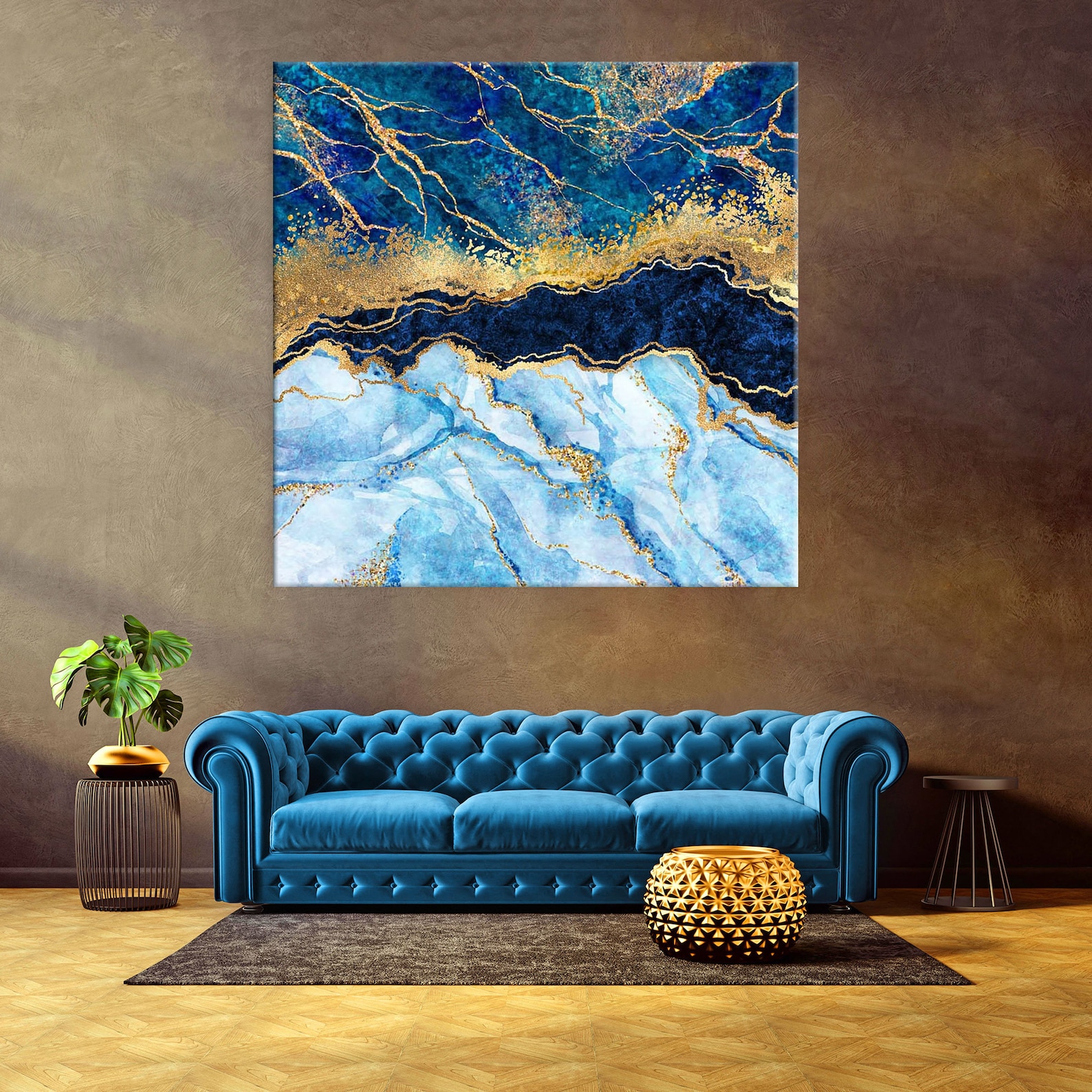 Blue and Gold Marble Canvas Wall Art Set with Black Frames - 80cm x 120cm (3 Pieces)