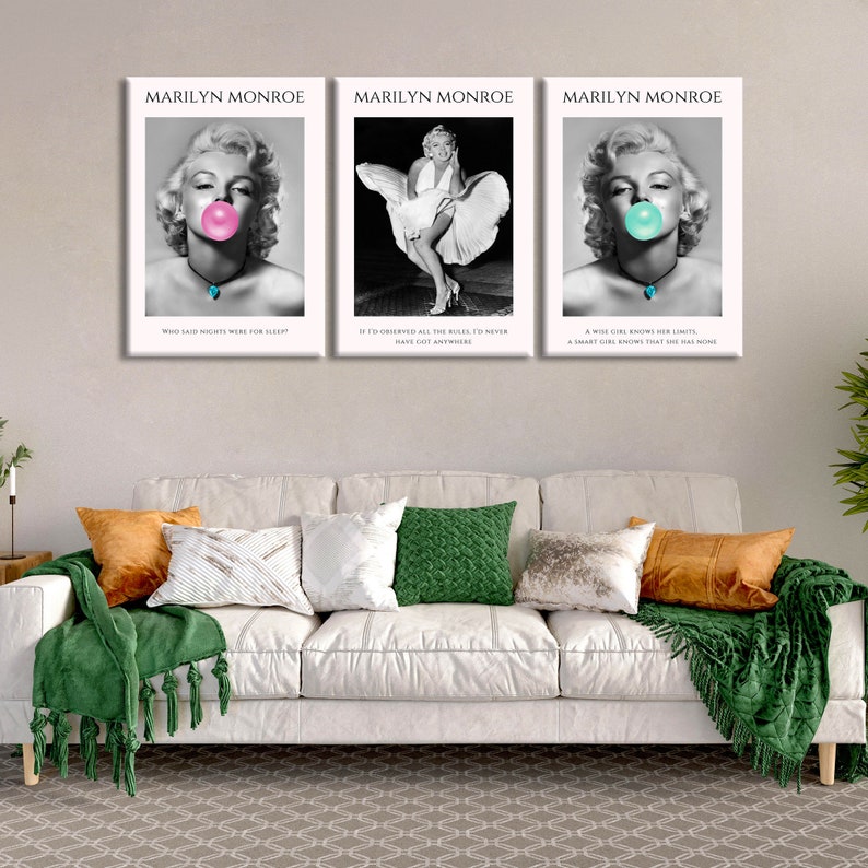 Marilyn Monroe Wall Art Set of 3, Modern Canvas Print, Living Room Decor, Marilyn Monroe Bubble Gum Canvas Print, Large Wall Art Set image 7