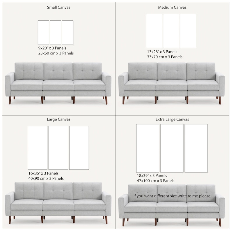 Op de afbeelding: Een collage van vier verschillende formaten canvas prints, elk met drie panelen. De canvas prints worden getoond boven een grijze bank met houten poten. De formaten zijn 23x50 cm, 33x70 cm, 40x90 cm en 47x100 cm. De tekst "Als je een andere maat wilt, schrijf me dan alsjeblieft." staat onder de grootste canvas print.