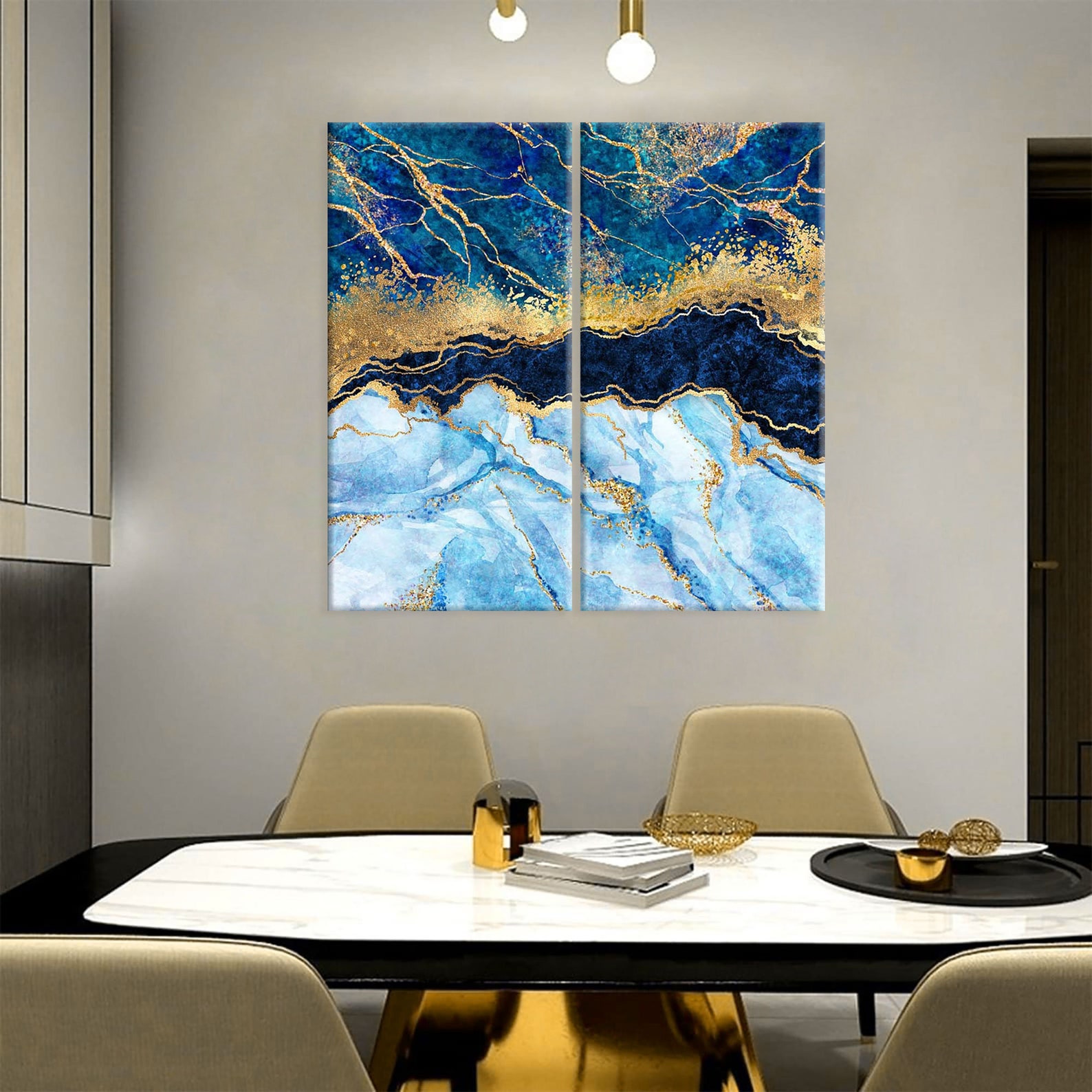 Blue and Gold Marble Canvas Wall Art Set with Black Frames - 80cm x 120cm (3 Pieces) main image 1