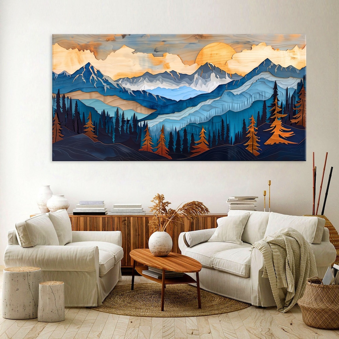 Wood Wall Art Mountain Canvas Wall Art Living Room Decor, Abstract