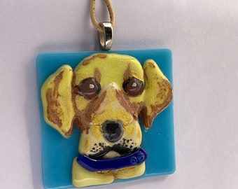 Goldie, golden lab portrait, fused glass pendant necklace