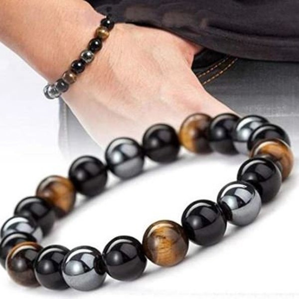 Intentional Stones Magnetic Bracelets | Triple Protection Bracelet with Tigers Eye, Black Obsidian & Hematite for Mother's Day