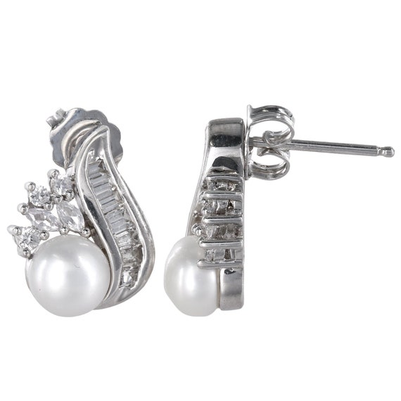 925 Silver Diamond And Pearl Studs Earrings - image 2