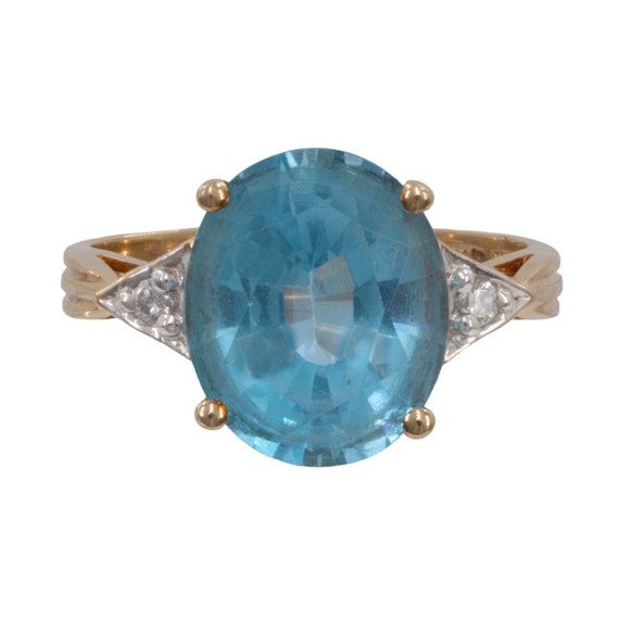 14k Yellow Gold Blue Oval Topaz and Diamond Cockt… - image 1