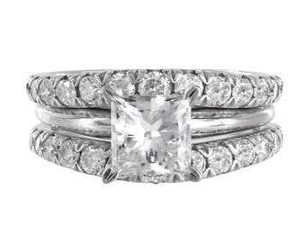 14K White Gold Diamond Princess-Cut Ring And Jacket Wedding Band Ring Set 1.67Ctw