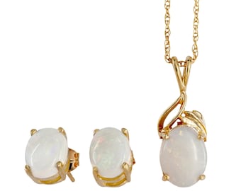 10K Yellow Gold Opal Oval Cut Stud Earrings and Pendant Baby Rope Link Chain Set