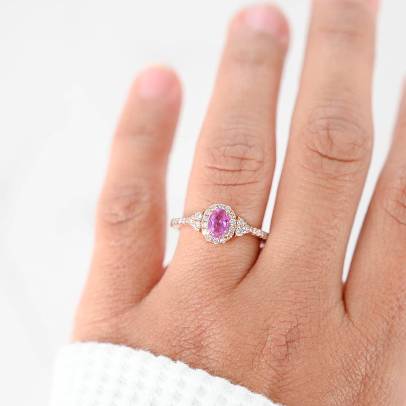 14K Rose Gold Oval Pink Sapphire and Diamonds Halo Ring Etsy