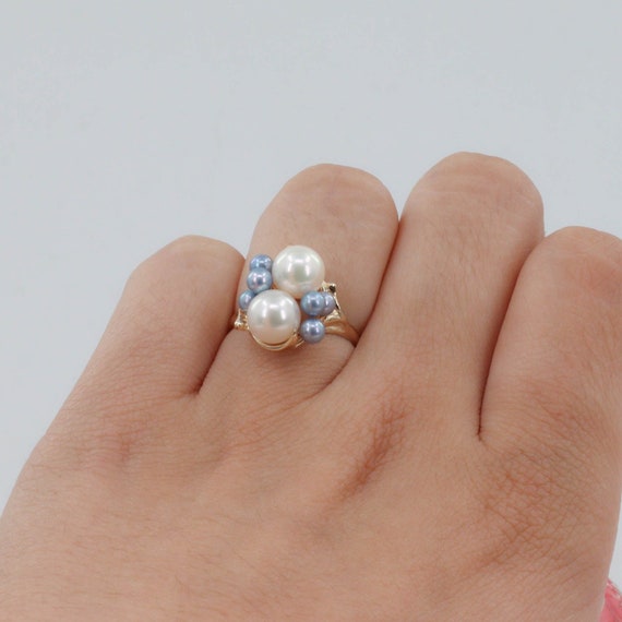 14k Yellow Gold Pearl with Blue Accent Cocktail R… - image 4