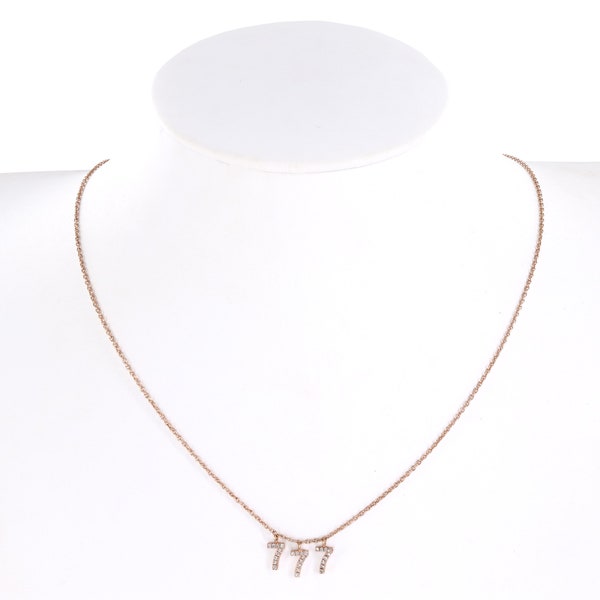 14k Rose Gold Diamond Lucky 777 Charm And Rolo Link Dainty Chain Necklace