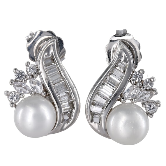 925 Silver Diamond And Pearl Studs Earrings - image 1