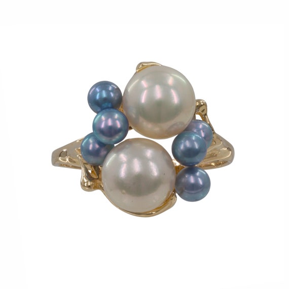 14k Yellow Gold Pearl with Blue Accent Cocktail R… - image 1