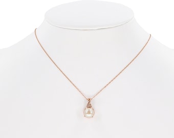 14k Rose Gold Dainty Rope Pearl and Diamond Necklace