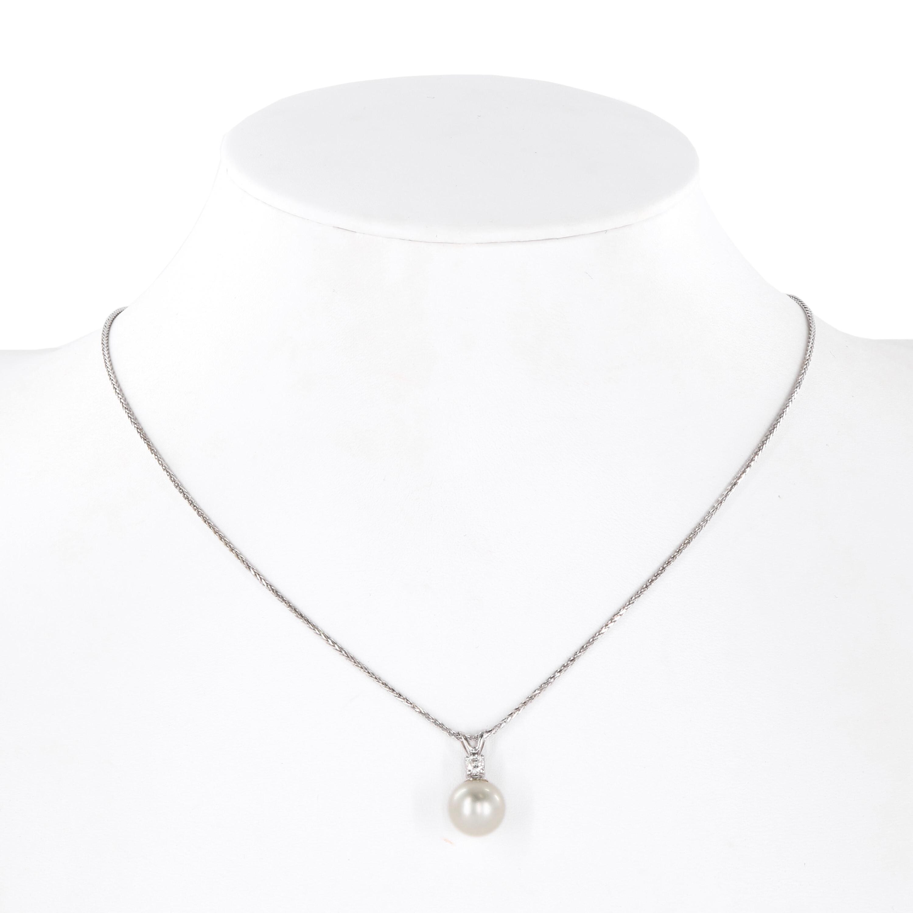 10K White Gold Pearl And Diamond Wheat Chain Link Dainty Necklace