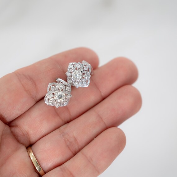 14k Natural Diamond Earrings, Cluster Flower Stud… - image 3