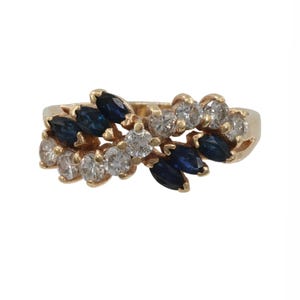 14K Yellow Gold Diamond & Blue Sapphire Gemstone Bypass Ring