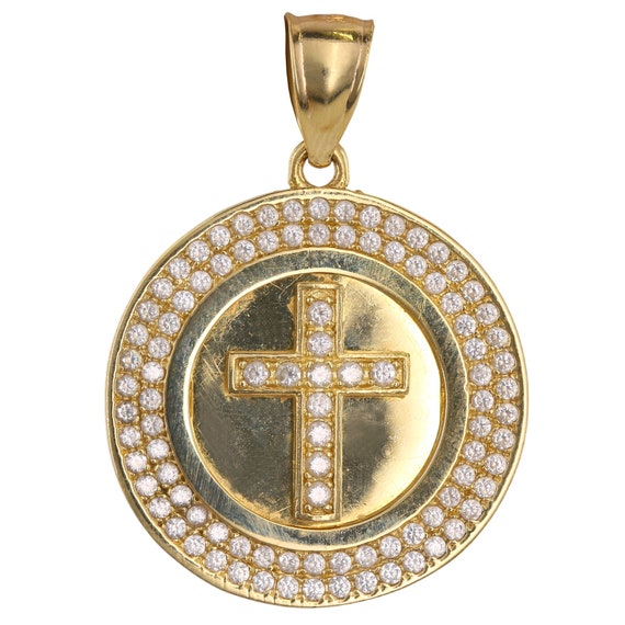 14K Yellow Solid Gold Cross Disc Pendant Gem