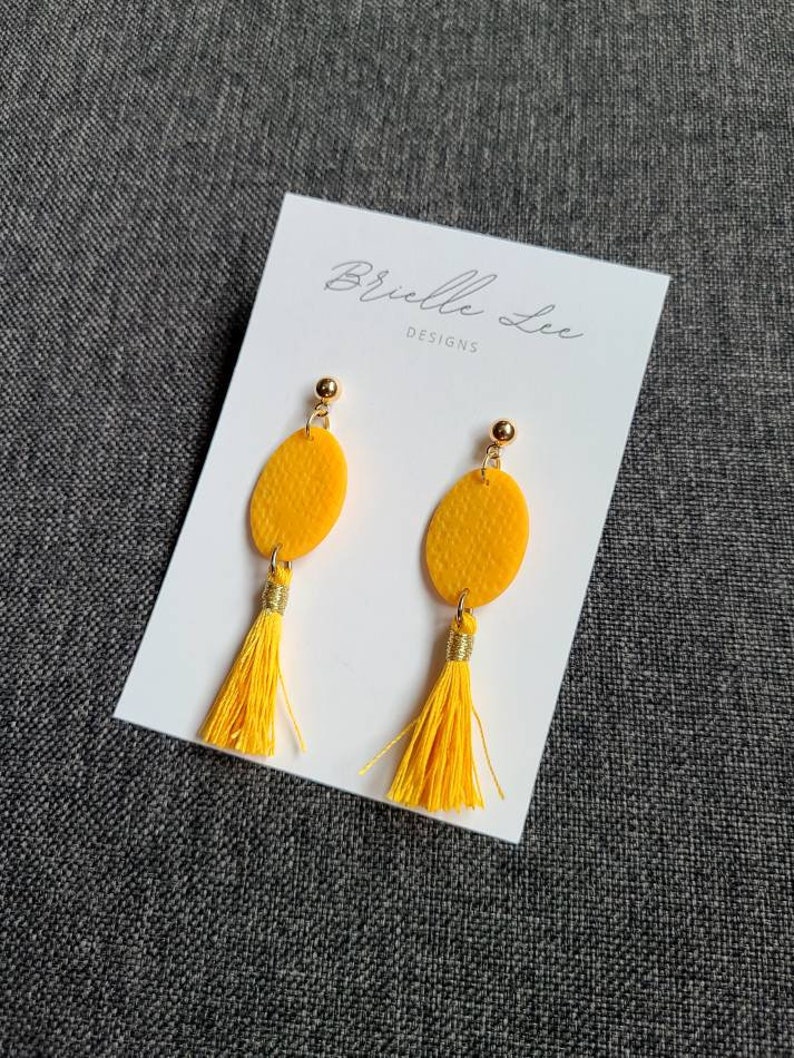 Polymer clay tassel earrings oval dangle earrings with tassels yellow and gold earrings handmade clay earrings yellow jewelry