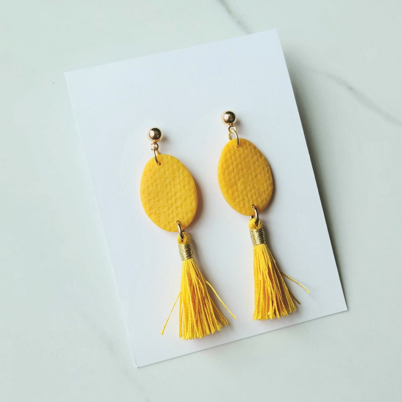 Polymer clay tassel earrings oval dangle earrings with tassels yellow and gold earrings handmade clay earrings yellow jewelry