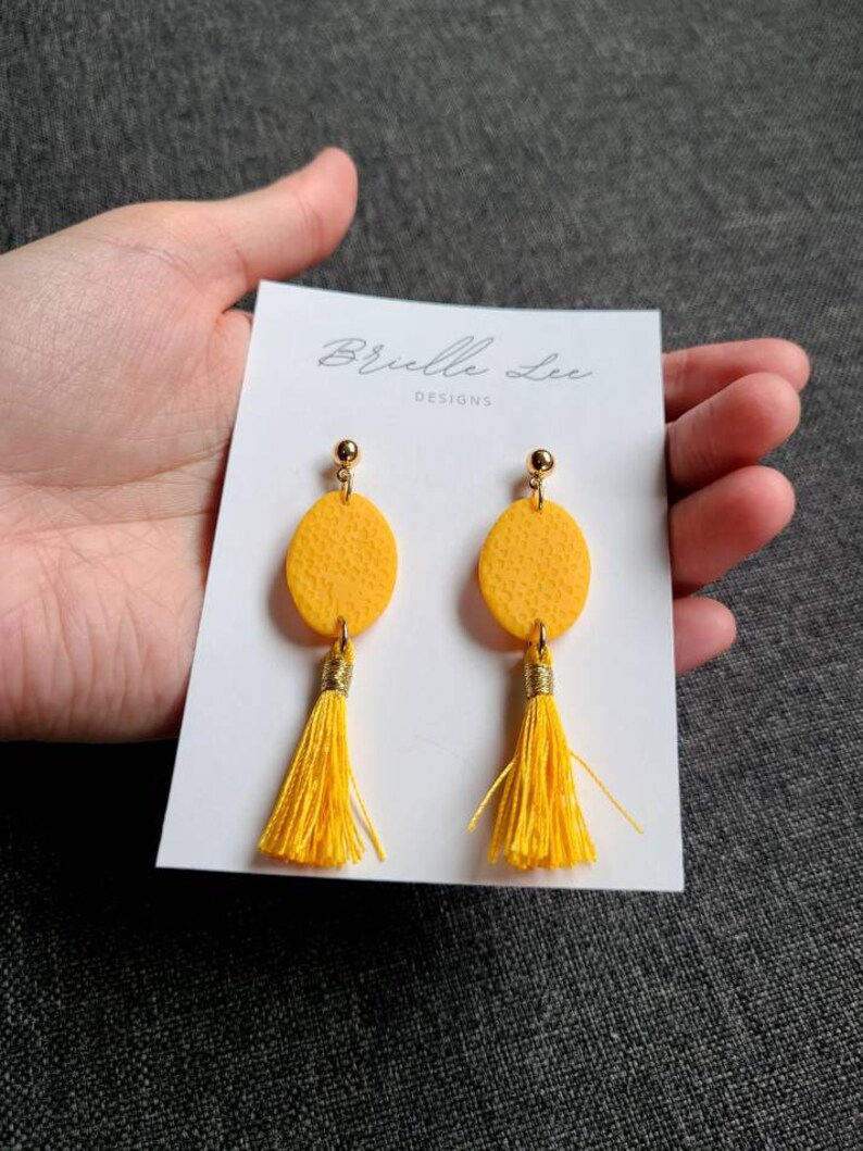 Polymer clay tassel earrings oval dangle earrings with tassels yellow and gold earrings handmade clay earrings yellow jewelry