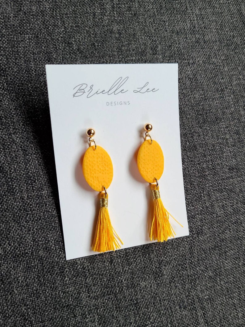 Polymer clay tassel earrings oval dangle earrings with tassels yellow and gold earrings handmade clay earrings yellow jewelry