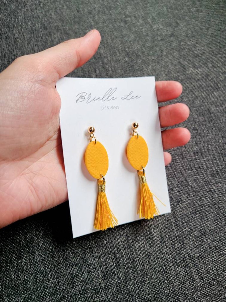 Polymer clay tassel earrings oval dangle earrings with tassels yellow and gold earrings handmade clay earrings yellow jewelry