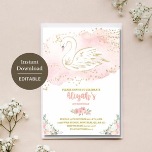 Faire-part d'anniversaire cygne pour filles - modèle numérique modifiable d'invitation à une fête d'anniversaire en vente - téléchargement immédiat