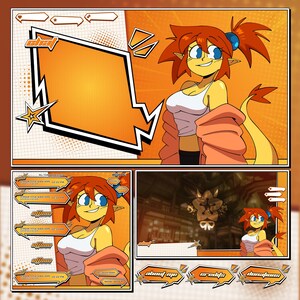 May include: A digital art design featuring a cartoon character with red hair, blue eyes, and yellow skin. The design includes a chat box, stream title sections, and buttons labeled "about me", "creds", and "donations". The color scheme is orange and white.