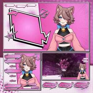 May include: A pink and white streaming overlay design featuring a cartoon cat-girl character. The design includes a large pink diamond-shaped frame, star accents, and text boxes for stream information. The character has brown hair, blue eyes, and cat ears.
