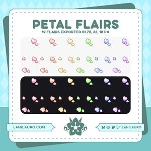 May include: A set of 12 animated heart-shaped petals in various pastel colors, including pink, orange, yellow, green, blue, and purple. The petals are arranged in rows on a white and black background. The text "PETAL FLAIRS" and "12 FLAIRS EXPORTED IN 72, 36, 18 PX" is displayed above the petals.