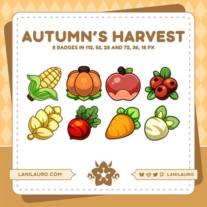 May include: A collection of eight colorful autumn harvest badges featuring corn, pumpkin, apple, berries, wheat, radish, carrot, and turnip. The text "AUTUMN'S HARVEST" is displayed above the badges. The badges are in various sizes.