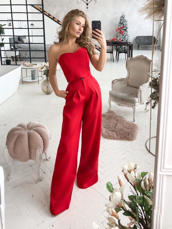 Red High Rise Pants, Women Office Pants, Red Wide Leg Pants, High Waist Trousers, Palazzo Pants for Women