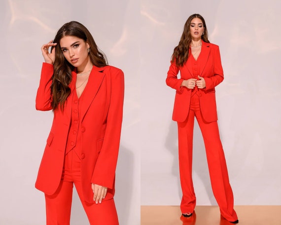 red formal pant suit