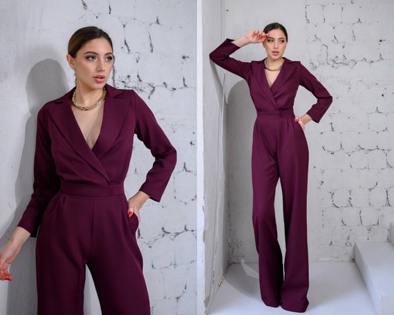 Burgundy Jumpsuit With Long Sleeves Formal Jumpsuit Women - Etsy