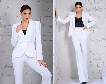 Cream Blazer Pantsuit for Women Effervescents Registry Office Wedding Lace 2-Piece Pants Suit for Women ARWEN