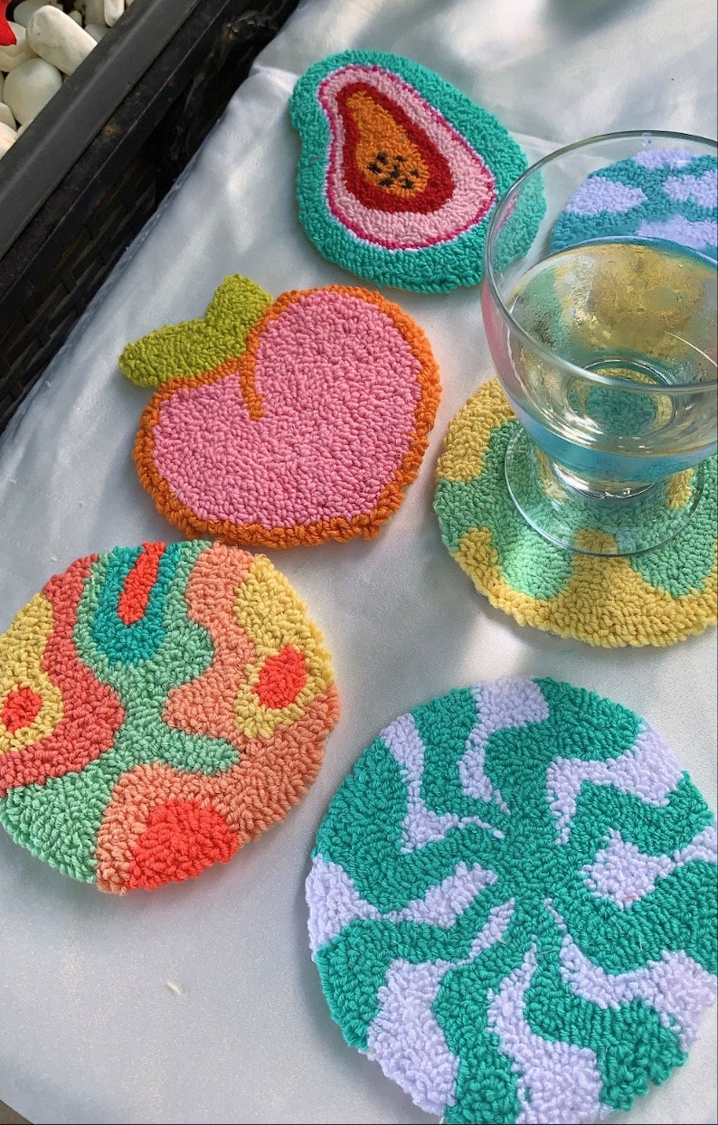 Punch Needle Coasters , Handmade Mug Rug , Drink Coasters 