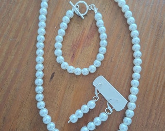 Silver and Pearl Toggle Jewelry Set (Earrings, Bracelet & Necklace)