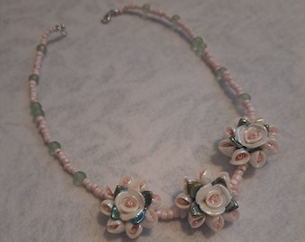 Pink Floral Seed Bead Choker
