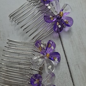Purple Flower Hair Comb Pair: Beaded Floral Accessory