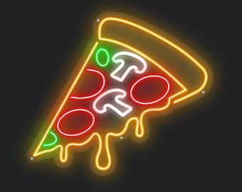 May include: A neon sign shaped like a slice of pizza with red, green, and white toppings. The sign is lit up in yellow, red, and white. The sign is hanging on a black wall above a gray couch.