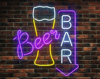 May include: A neon sign with a glass of beer and the words "Beer Bar" in purple and yellow. The sign is mounted on a brick wall. A blue couch with a plaid pillow is in the foreground. Two red wooden stools are in front of the couch.