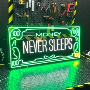 MOTIVATIONAL CANVAS ART - Money Never Sleeps Neon sign. Wall decor. Custom sign. Money