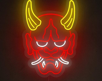 般若 日本のマスク ネオンサイン ライトアップ 鬼マスク サムライ